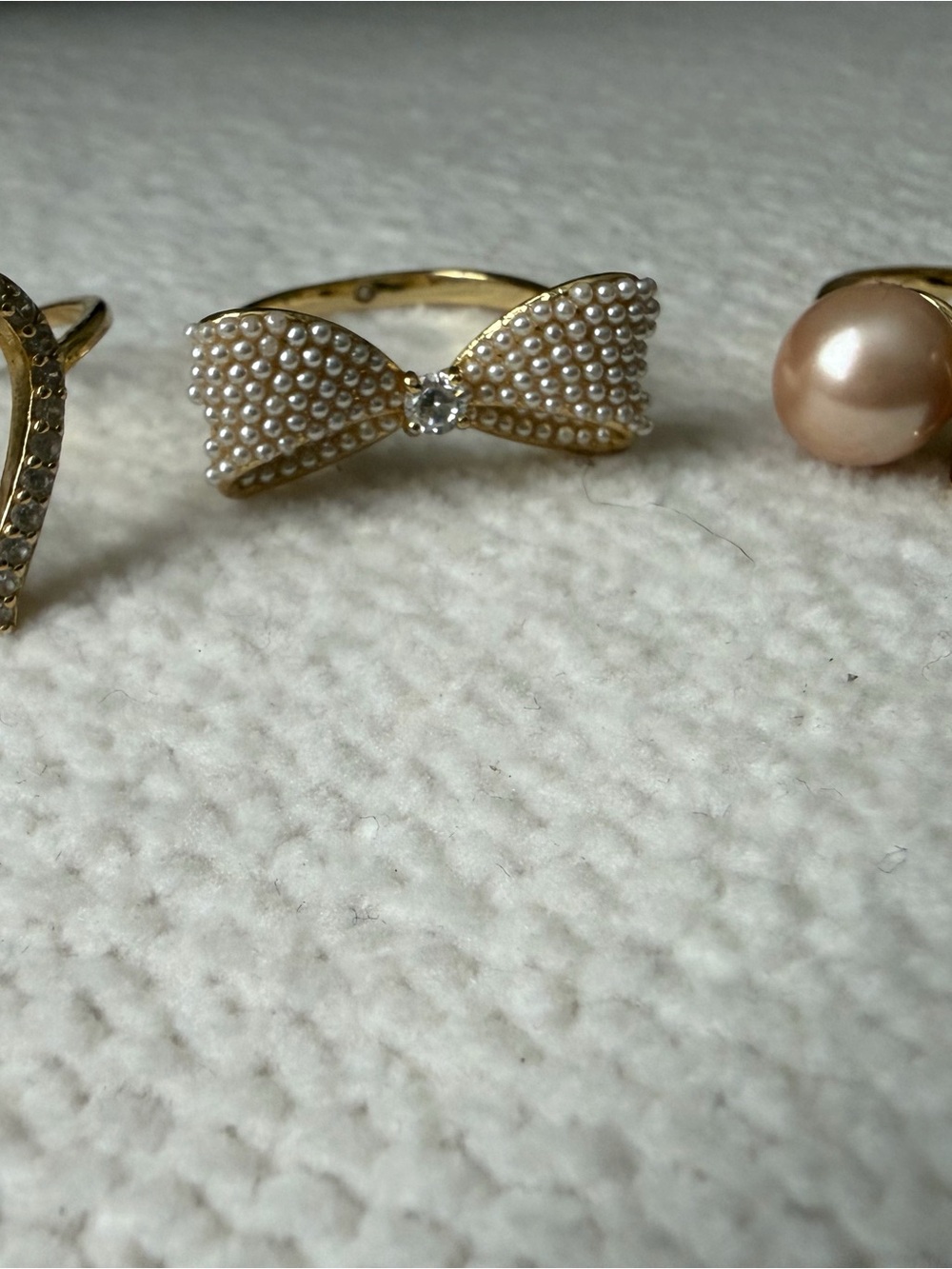 Gold Ring Trio with White Pearl Accent and Clear Crystal